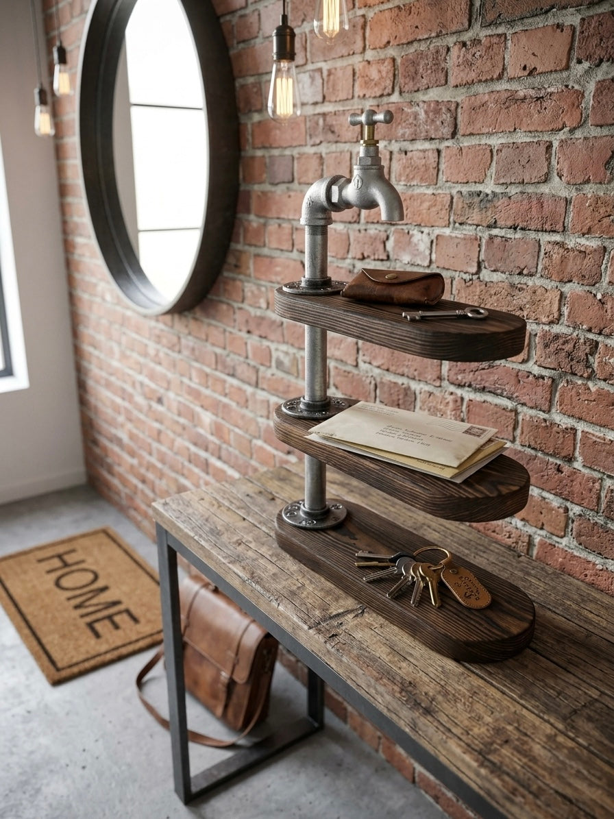Tabletop organizer made from wood and steel pipe
